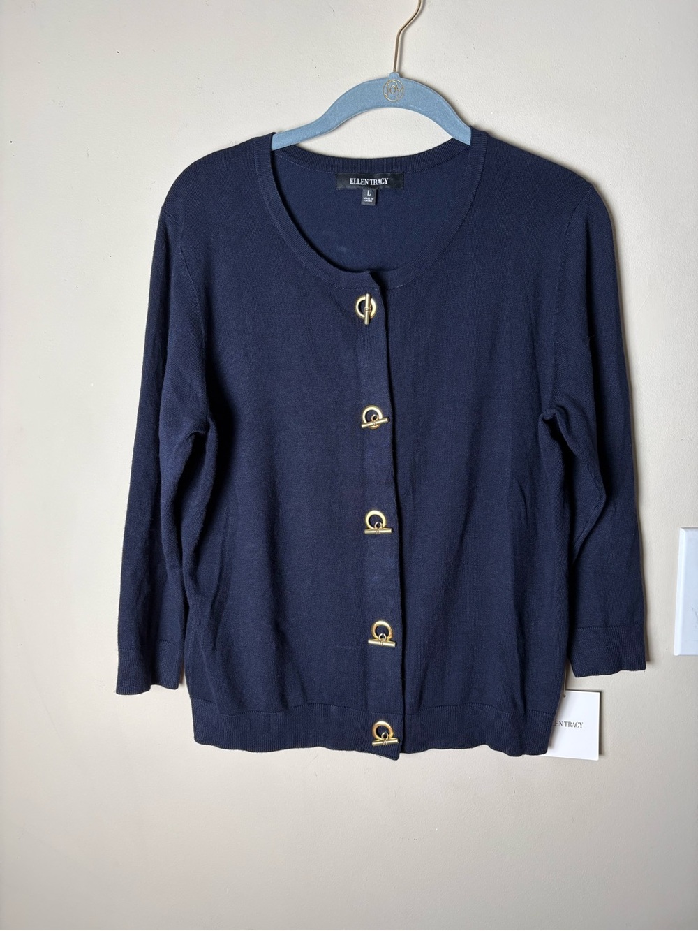Ellen Tracy Navy Crewneck Cardigan with Gold Accent Buttons L